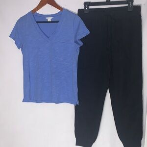Caslon Light Blue V-Neck Top and Black Linen Pants